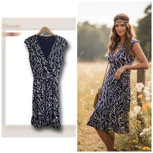 🌿Glamour Women's 12 Navy Blue & White Faux Wrap Dress, Waist Ties, Ruffle Hem